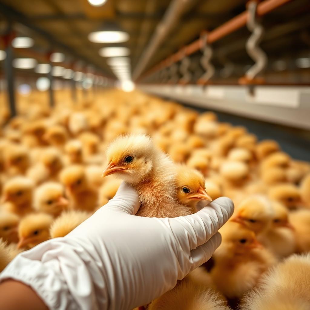 Day-old chicks being handled by a hatchery worker